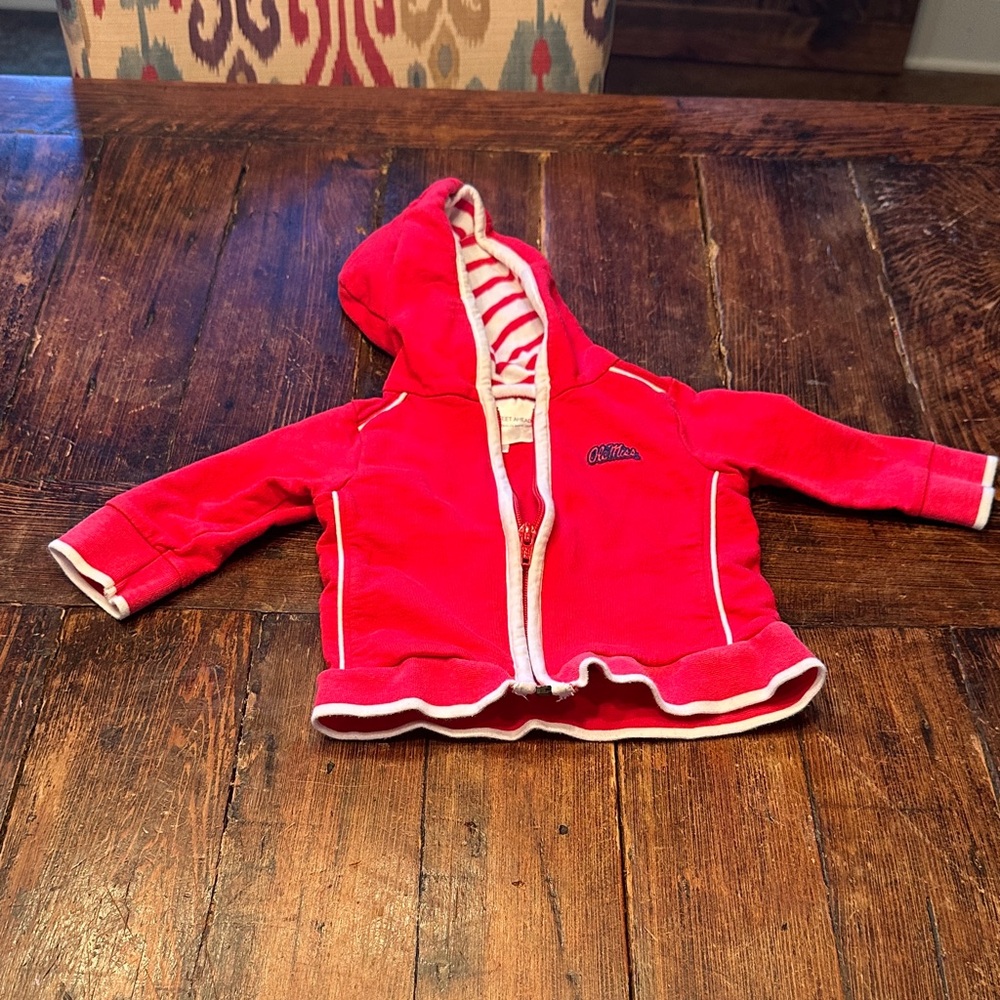 OleMiss Red  Lightweight Hooded Baby Jacket with White Trim. Size 6months.